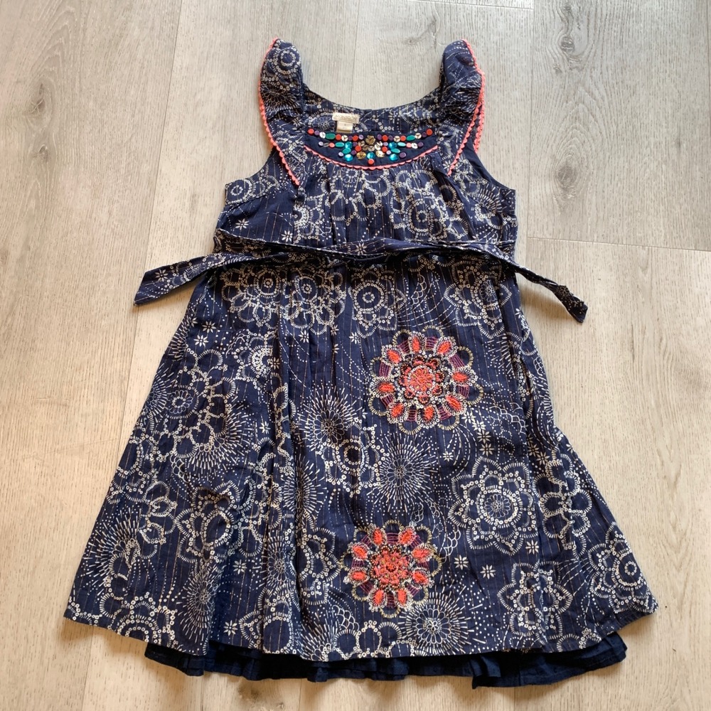 Monsoon Girls Navy Blue Floral Embroidered Beaded Tie Waist Dress Size 8